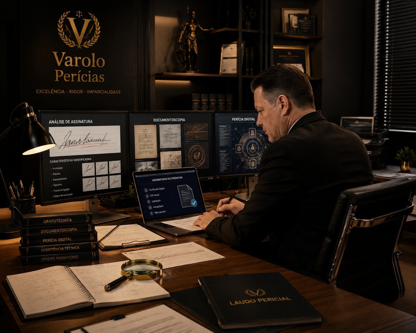Marcio Varolo trabalhando no escritório de perícia
